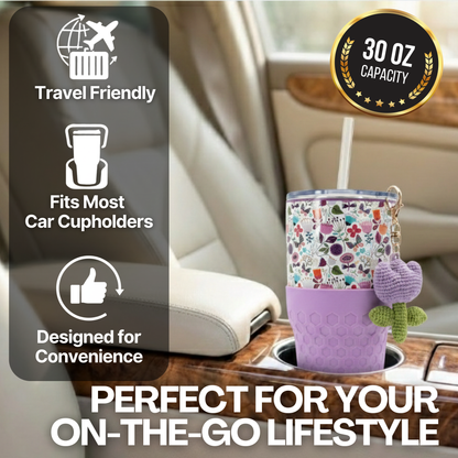 Biddlebee 30oz Floral Garden Straw Tumbler – Cup Holder Friendly w/ Purple Tulip Charm