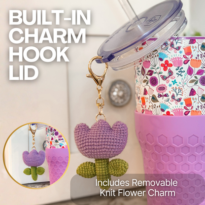 Biddlebee 30oz Floral Garden Straw Tumbler – Cup Holder Friendly w/ Purple Tulip Charm