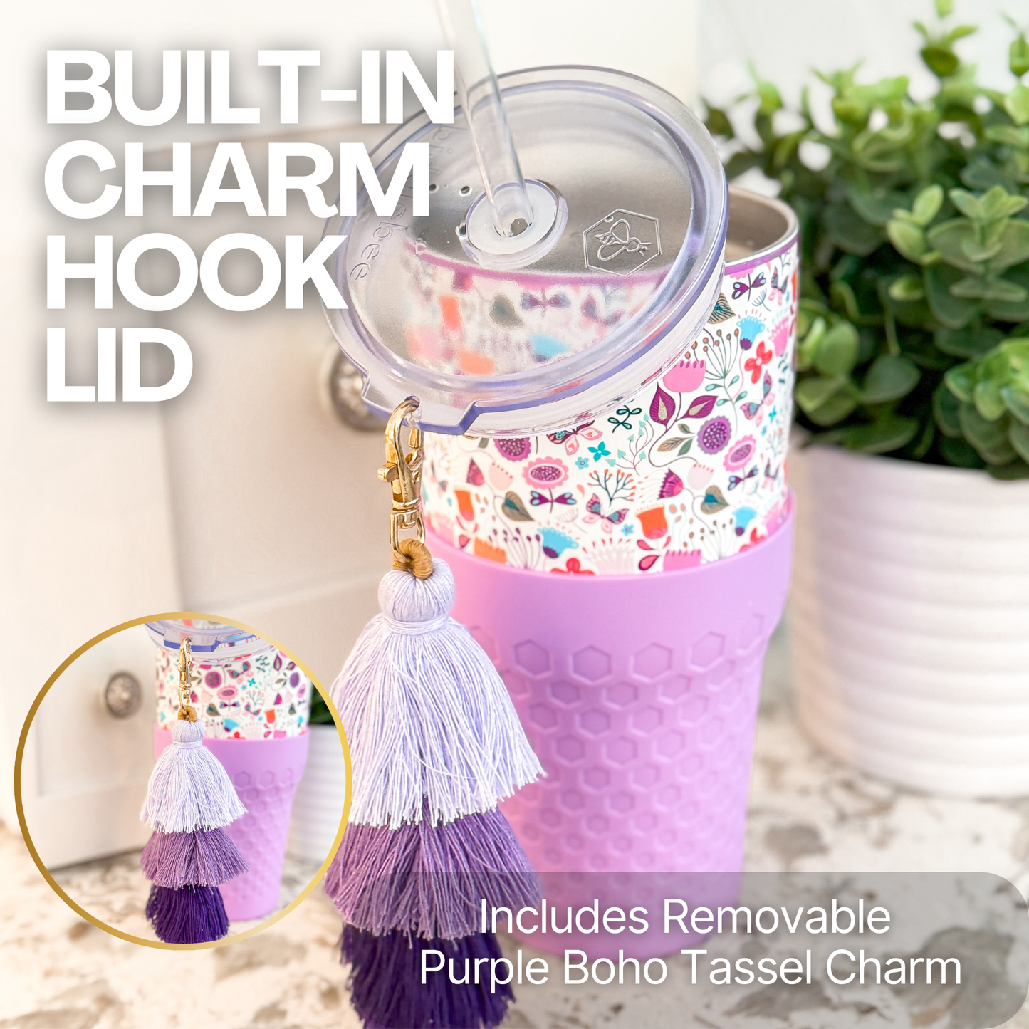 Biddlebee 30oz Floral Garden Straw Tumbler – Purple Boot & Puff Tassel Charm | Cup Holder Friendly