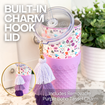 Biddlebee 30oz Floral Garden Straw Tumbler – Purple Boot & Puff Tassel Charm | Cup Holder Friendly