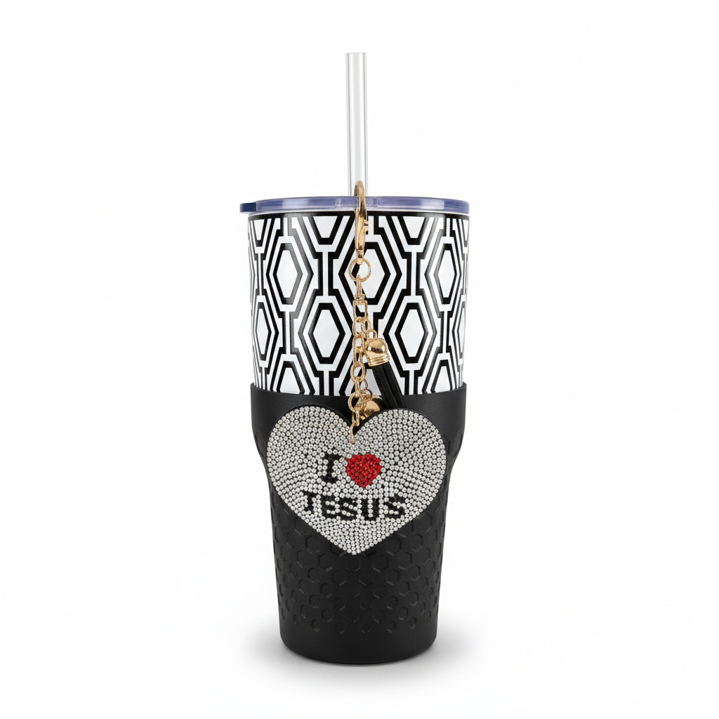 Biddlebee 30oz Faith Straw Tumbler – Black & White Geometric Cup w/ “I ❤️ Jesus” Sparkle Heart Charm & Silicone Boot