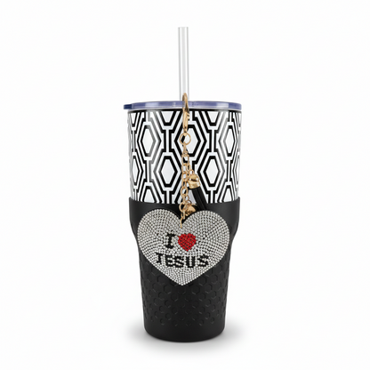 Biddlebee 30oz Faith Straw Tumbler – Black & White Geometric Cup w/ “I ❤️ Jesus” Sparkle Heart Charm & Silicone Boot