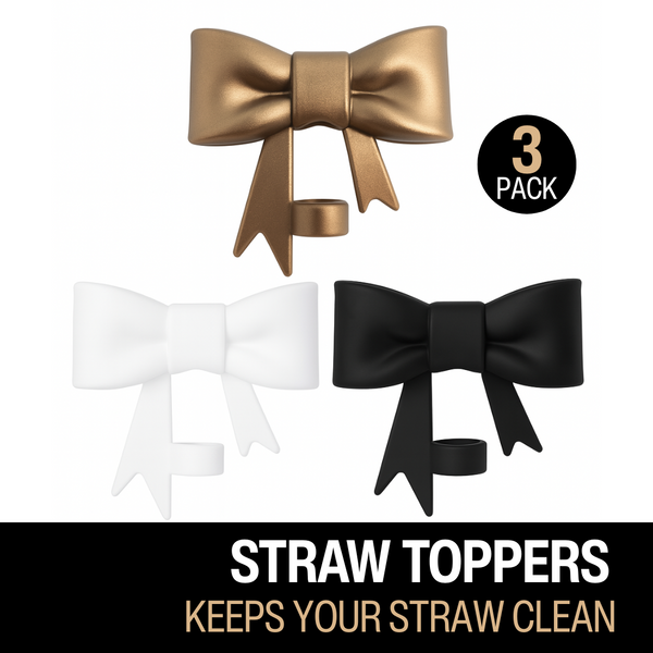 Biddlebee Three bow-shaped straw toppers in gold, white, and black on a white background.