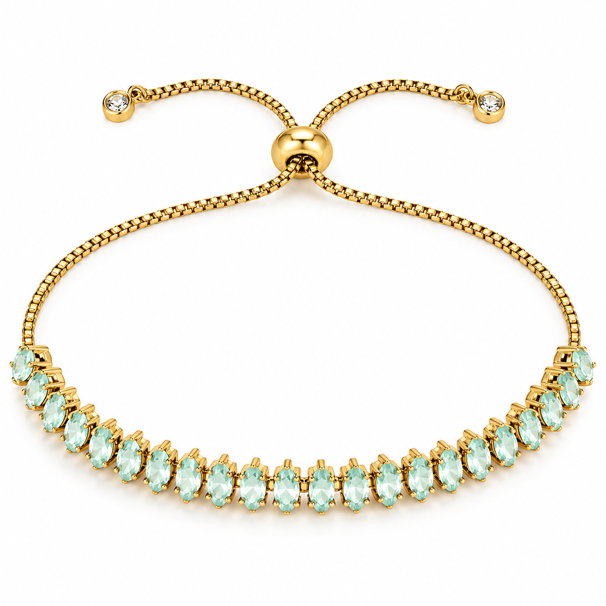 A gold-tone adjustable bracelet featuring a curved row of marquise-cut light blue gemstones, accented with two small clear stones at the ends of the sliding chain, set against a plain white background.