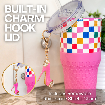 Biddlebee 30oz Colorful Check Straw Tumbler – Pink Silicone Boot & Sparkly High Heel Charm | Cup Holder Friendly