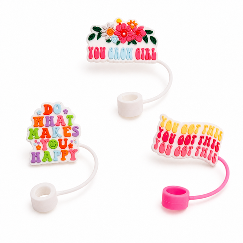 Biddlebee Three colorful straw toppers with motivational sayings on a white background.