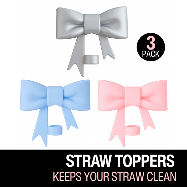 Biddlebee Three straw toppers in silver, blue, and pink on a white background with text indicating they keep straws clean.