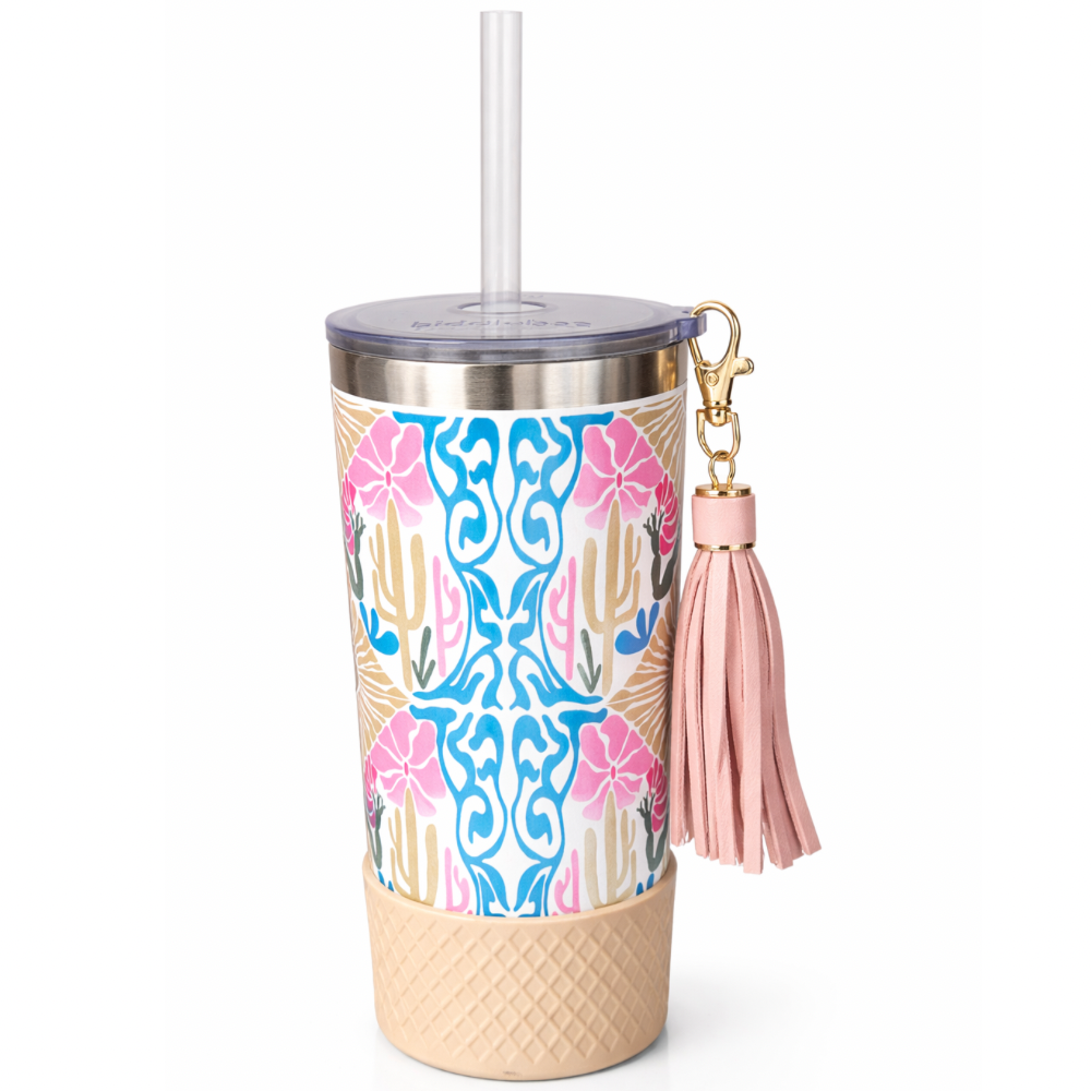 Biddlebee 20oz Desert Dreams charm tumbler with easy sip straw, pink tassel charm, protective silicone boot