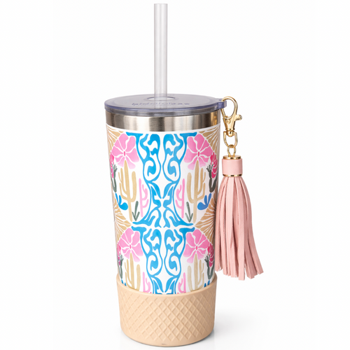 Biddlebee 20oz Desert Dreams charm tumbler with easy sip straw, pink tassel charm, protective silicone boot