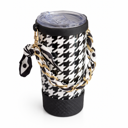 Biddlebee Brew Black Pattern Tumbler with houndstooth pattern and gold chain on a white background