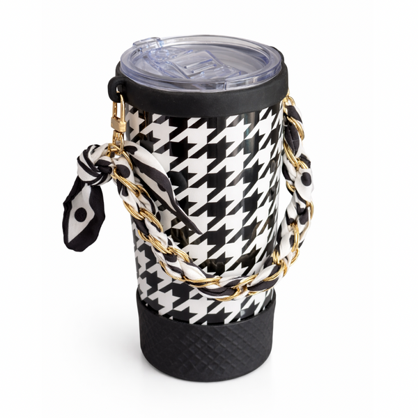 Biddlebee Brew Black Pattern Tumbler with houndstooth pattern and gold chain on a white background