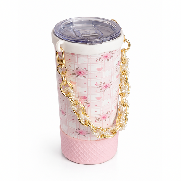 Biddlebee Brew Pink Roses Tumbler with floral pattern and gold chain on a white background
