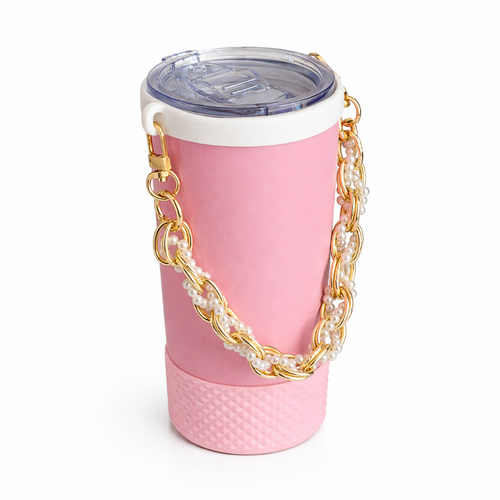 Biddlebee Brew Pink Tumbler with a gold chain handle on a white background