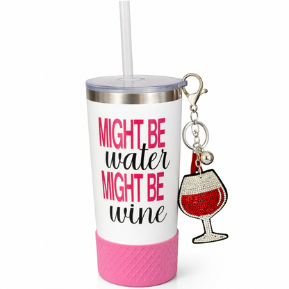 Biddlebee 20oz charm Tumbler with 'Might be water might be wine' text and a keychain with a wine glass design on a white background.