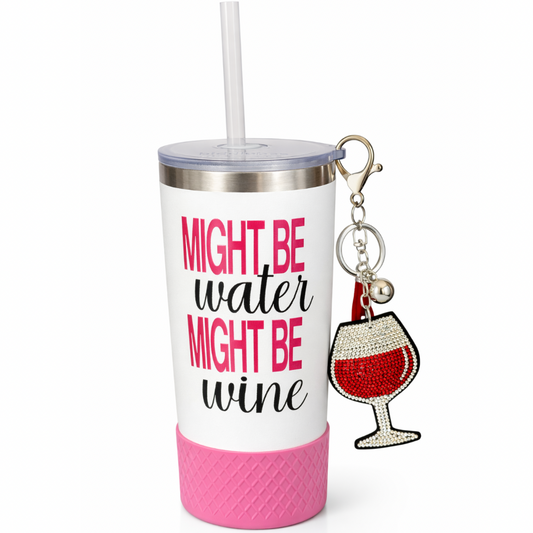 Biddlebee 20oz charm Tumbler with 'Might be water might be wine' text and a keychain with a wine glass design on a white background.