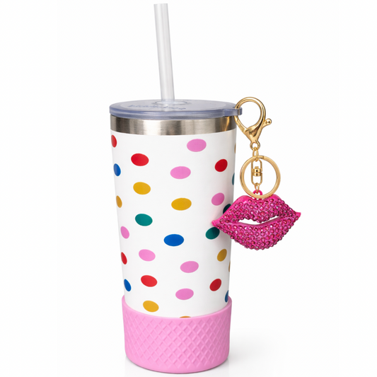 Biddlebee 20oz Polka Dot Charm tumbler with pink lips crystal charm