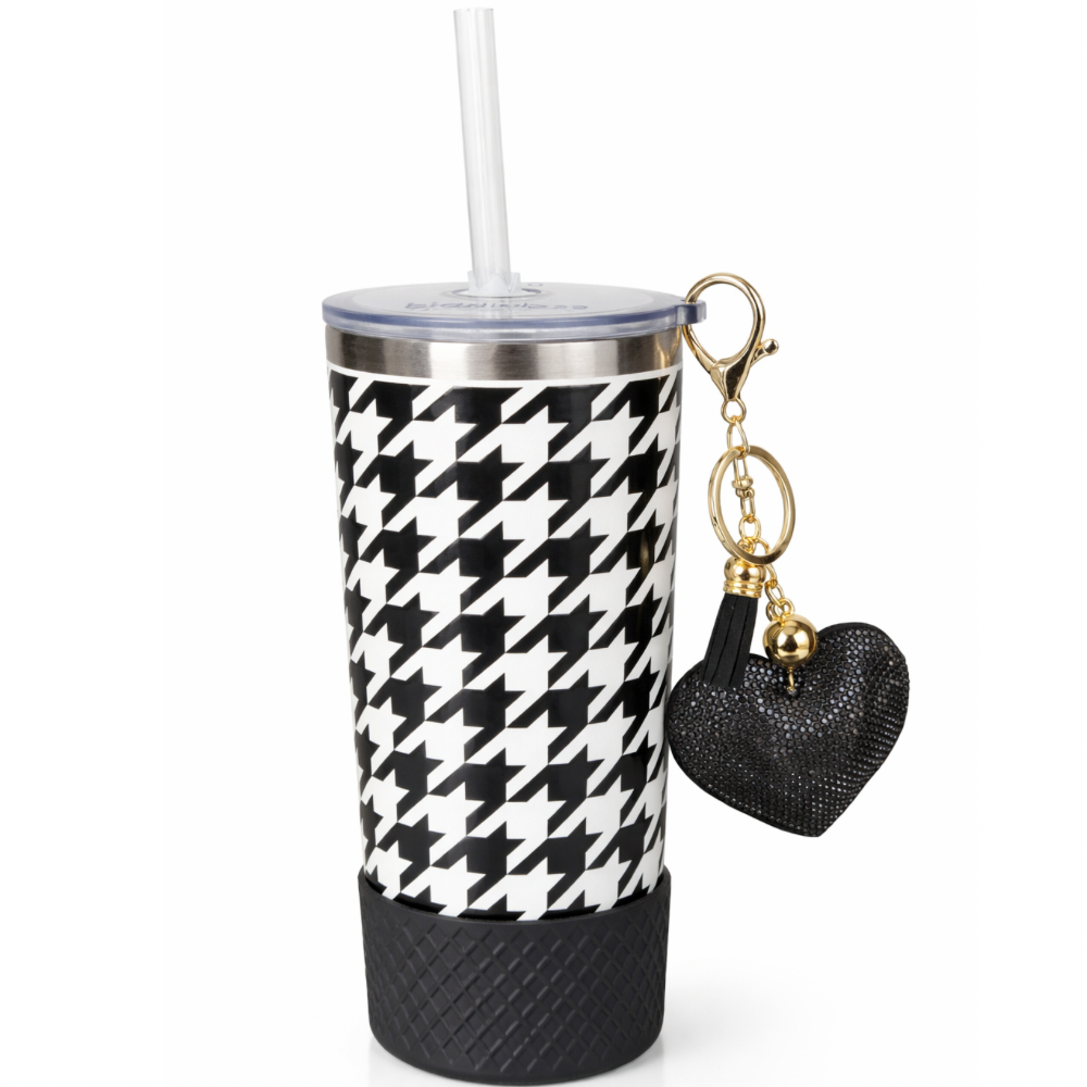 Biddlebee 20oz black and white charm tumbler with easy sip straw, shimmer heart tassel charm, protective silicone boot