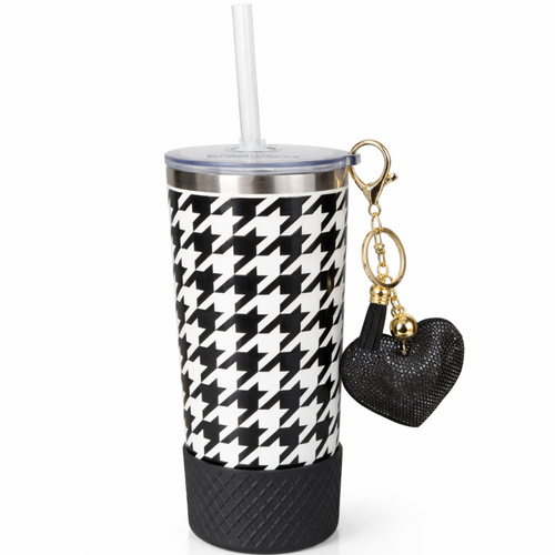Biddlebee 20oz black and white charm tumbler with easy sip straw, shimmer heart tassel charm, protective silicone boot