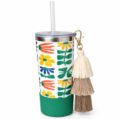 Biddlebee 20oz retro floral charm tumbler with green silicone boot, brown ombre tassel charm and easy sip straw lid

