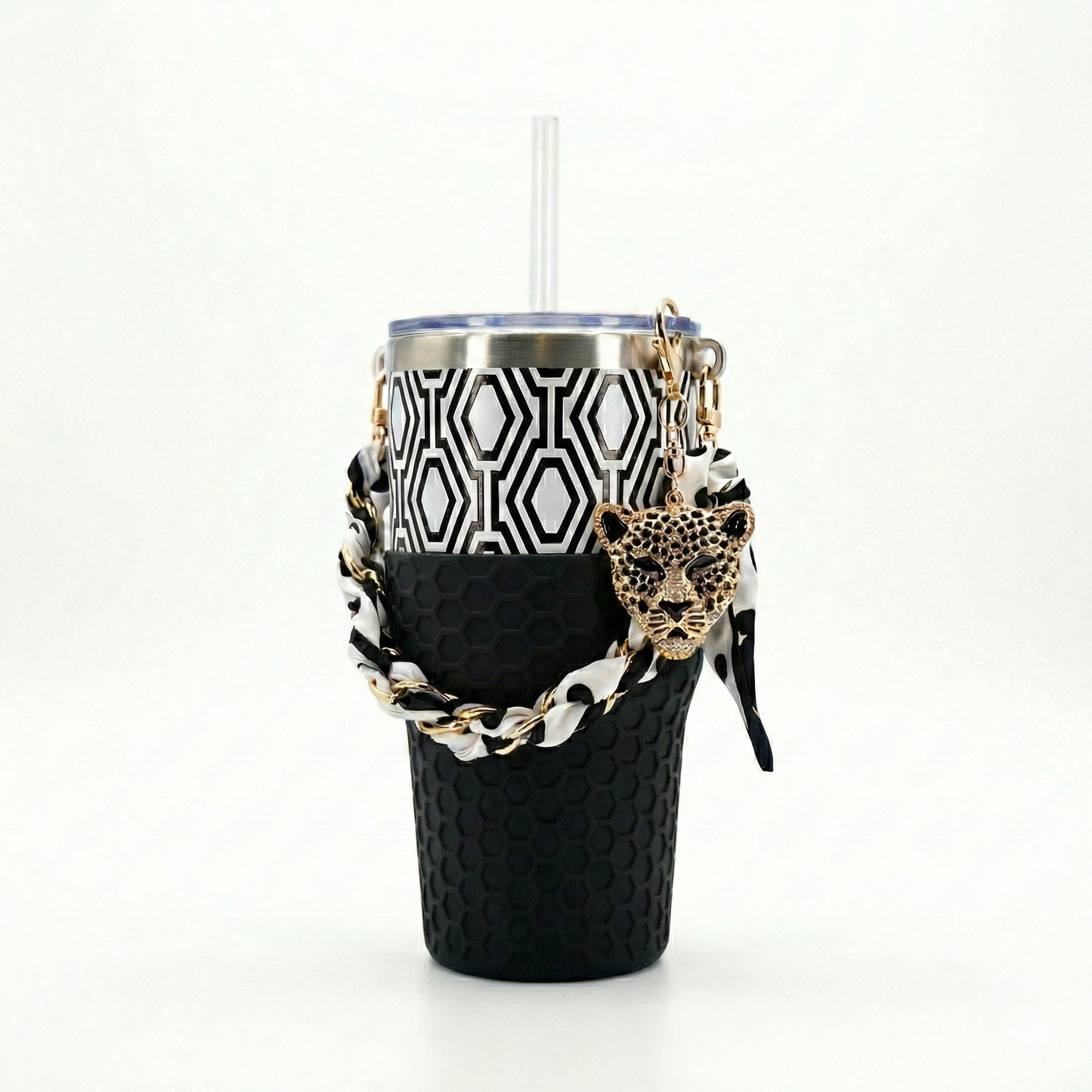 Biddlebee 30oz Black & White Geometric Straw Tumbler – Cup Holder Friendly Luxe Set w/ Leopard Charm & Chain Handle