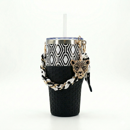 Biddlebee 30oz Black & White Geometric Straw Tumbler – Cup Holder Friendly Luxe Set w/ Leopard Charm & Chain Handle
