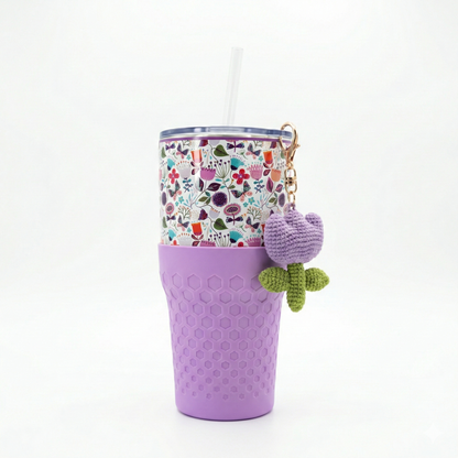 Biddlebee 30oz Floral Garden Straw Tumbler – Cup Holder Friendly w/ Purple Tulip Charm