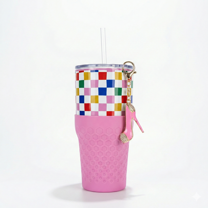 Biddlebee 30oz Colorful Check Straw Tumbler – Pink Silicone Boot & Sparkly High Heel Charm | Cup Holder Friendly