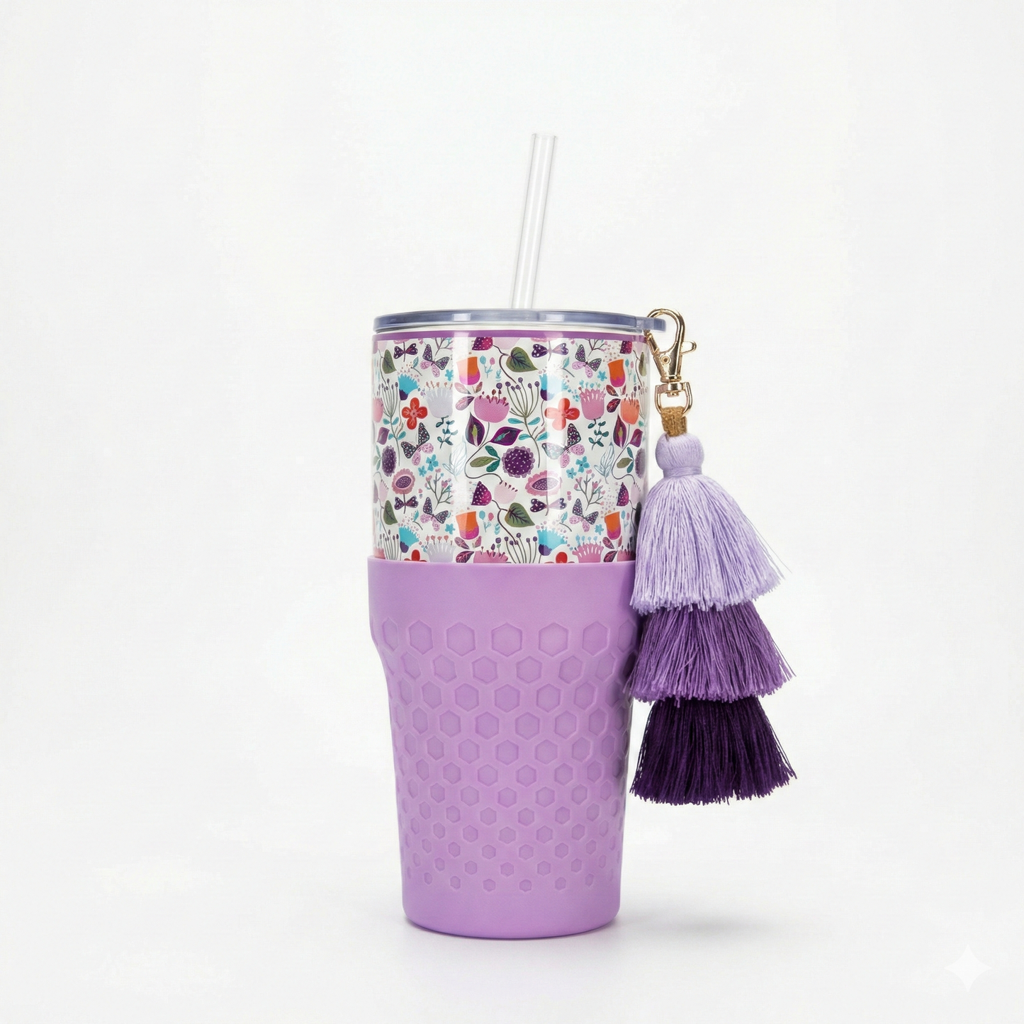 Biddlebee 30oz Floral Garden Straw Tumbler – Purple Boot & Puff Tassel Charm | Cup Holder Friendly