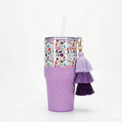 Biddlebee 30oz Floral Garden Straw Tumbler – Purple Boot & Puff Tassel Charm | Cup Holder Friendly