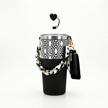 Biddlebee 30oz Black & White Geometric Straw Tumbler – Cup Holder Friendly Luxe Set w/ Chain Handle & Accessories