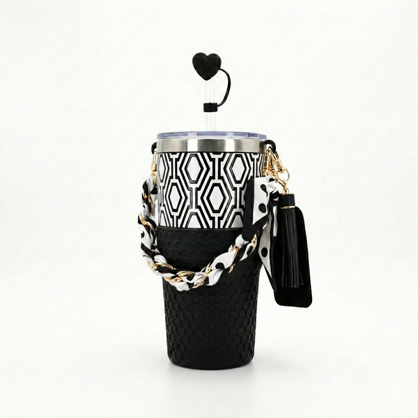 30oz Black & White Tumbler + Complete Black Accessory Kit Bundle