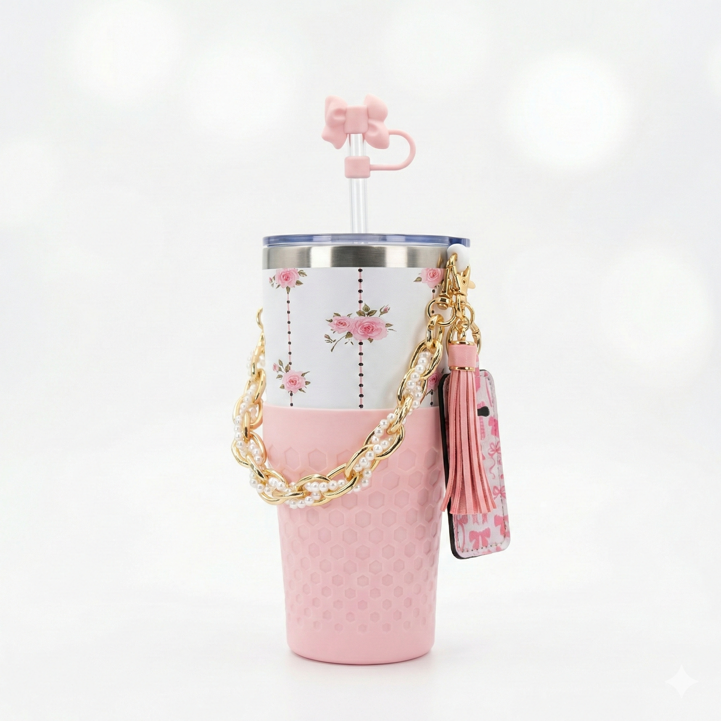 Biddlebee 30oz Vintage Pink Roses Straw Tumbler – Cup Holder Friendly Luxe Set w/ Pearl Chain Handle & Accessories