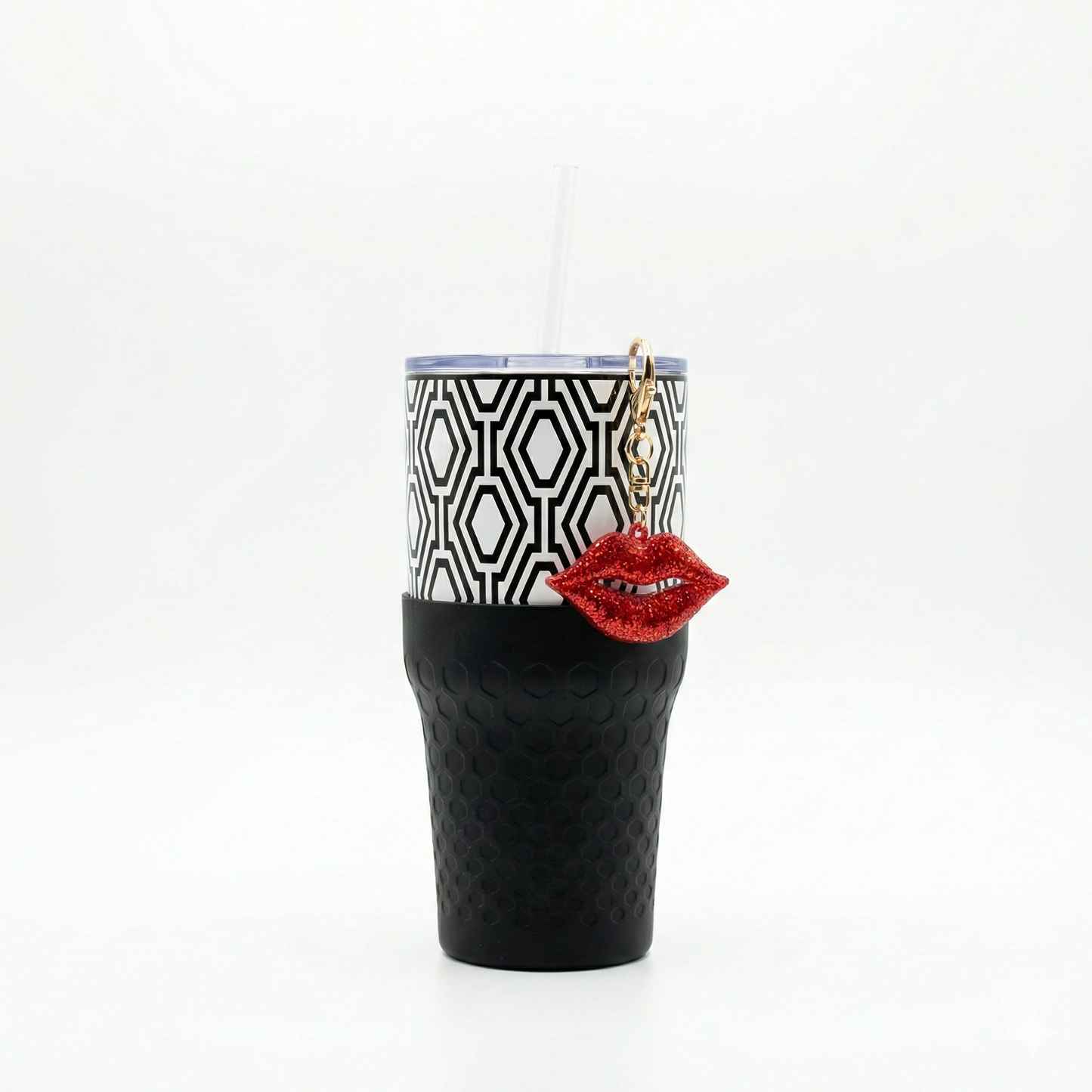 Biddlebee 30oz Black & White Geometric Straw Tumbler – Sparkly Red Lips Charm & Black Silicone Boot | Cup Holder Friendly
