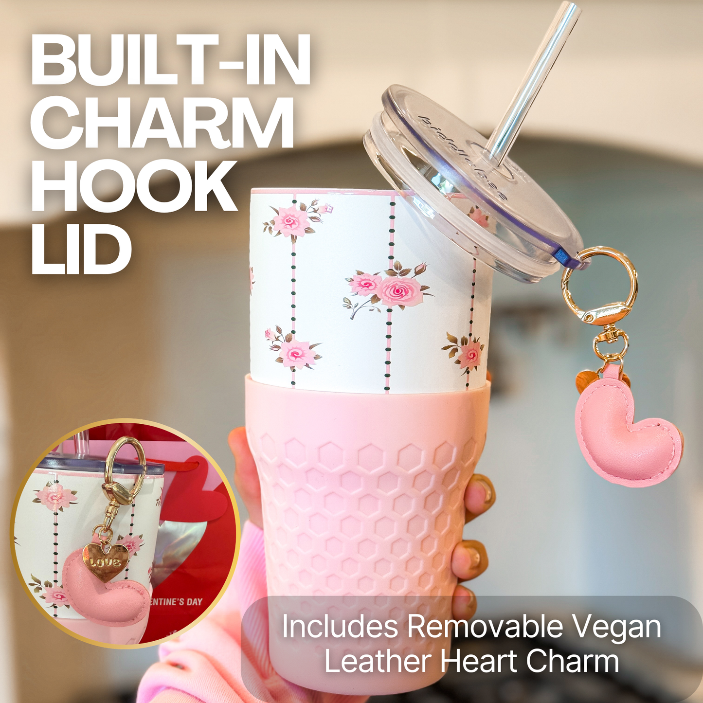 Biddlebee 30oz pink roses charm tumbler with easy sip straw lid, removable heart charm, and protective silicone boot, and built-in charm hook lid.