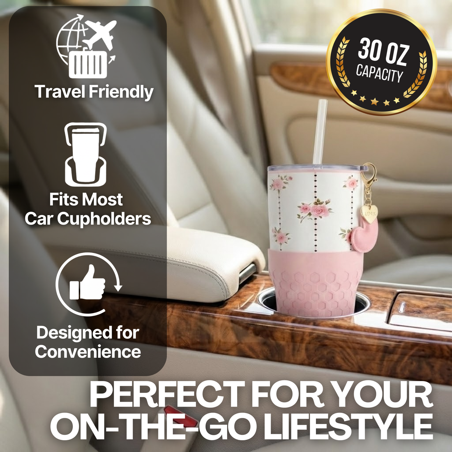 Biddlebee 30oz pink roses charm tumbler with easy sip straw lid, removable heart charm, and protective silicone boot in a car cupholder, surrounded by text highlighting features.