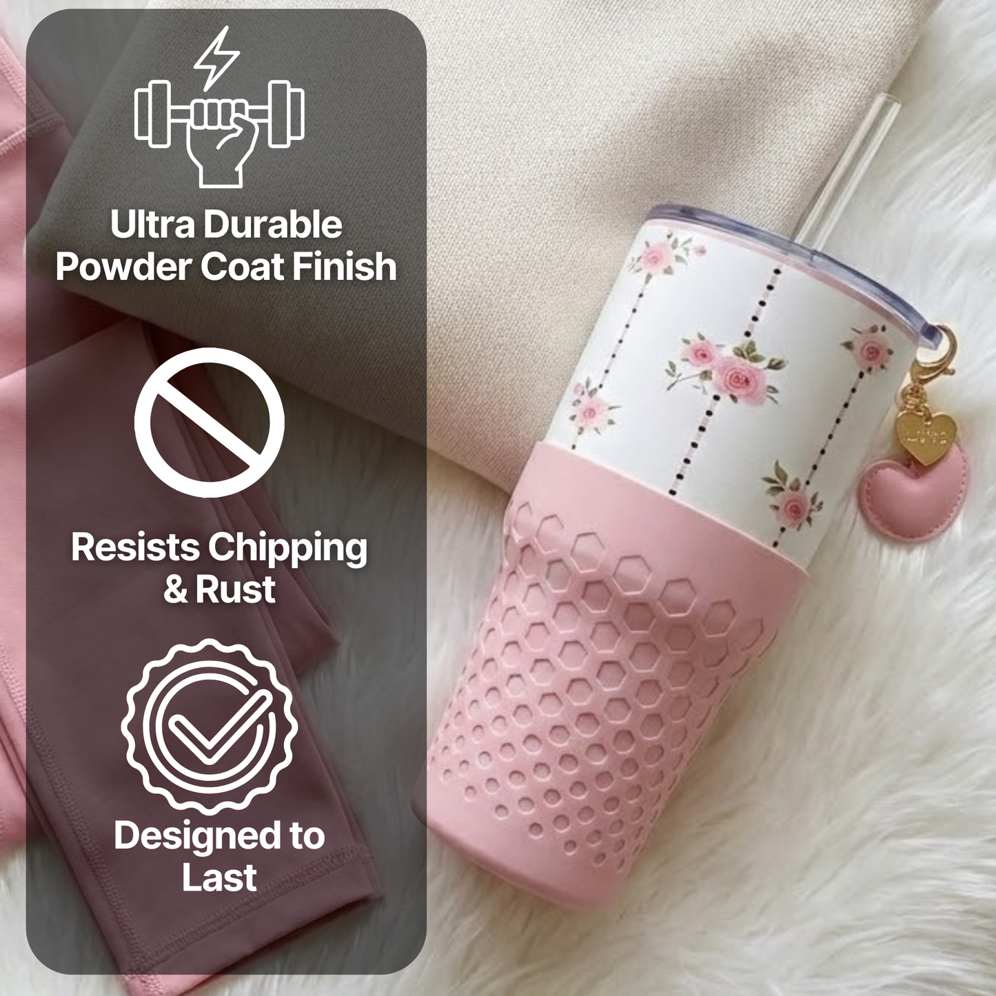 Biddlebee 30oz pink roses charm tumbler with easy sip straw lid, removable heart charm, and protective silicone boot on a light background, with durability features displayed.