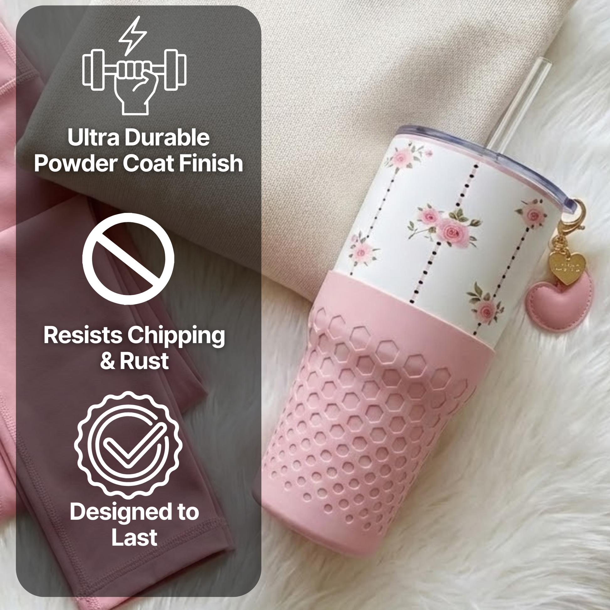 Biddlebee 30oz pink roses charm tumbler with easy sip straw lid, removable heart charm, and protective silicone boot on a light background, with durability features displayed.