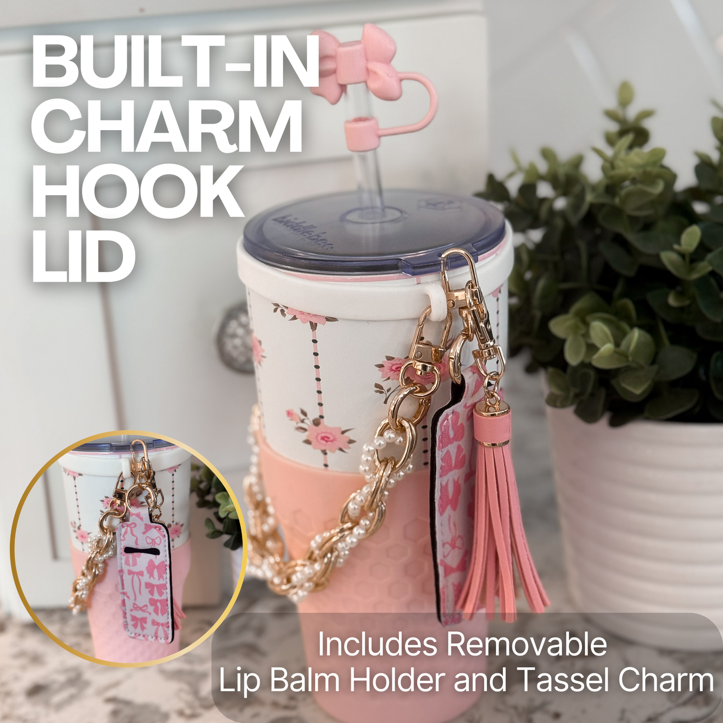 Biddlebee 30oz Vintage Pink Roses Straw Tumbler – Cup Holder Friendly Luxe Set w/ Pearl Chain Handle & Accessories