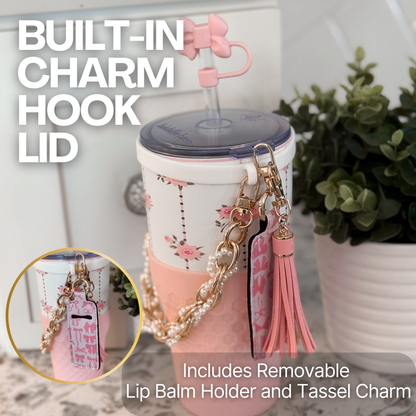 Biddlebee 30oz Vintage Pink Roses Straw Tumbler – Cup Holder Friendly Luxe Set w/ Pearl Chain Handle & Accessories