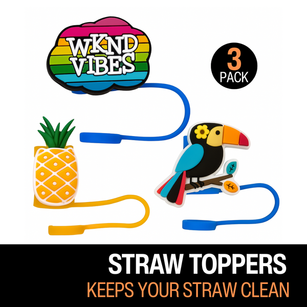 Biddlebee Straw toppers with pineapple, toucan, and rainbow design labeled 'WKND VIBES' on a white background.