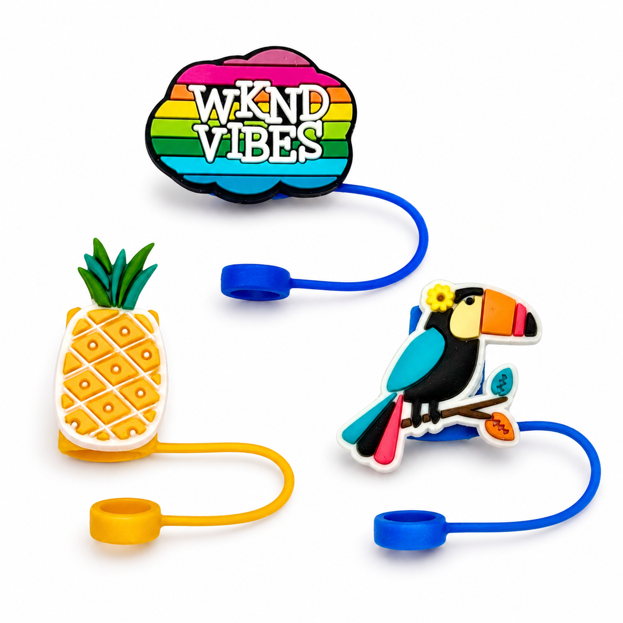 Biddlebee Colorful straw toppers with pineapple, toucan, and rainbow 'Wknd Vibes' design on a white background