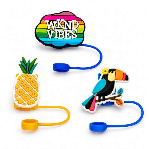 Biddlebee Colorful straw toppers with pineapple, toucan, and rainbow 'Wknd Vibes' design on a white background