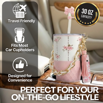 Biddlebee 30oz Vintage Pink Roses Straw Tumbler – Cup Holder Friendly Luxe Set w/ Pearl Chain Handle & Accessories