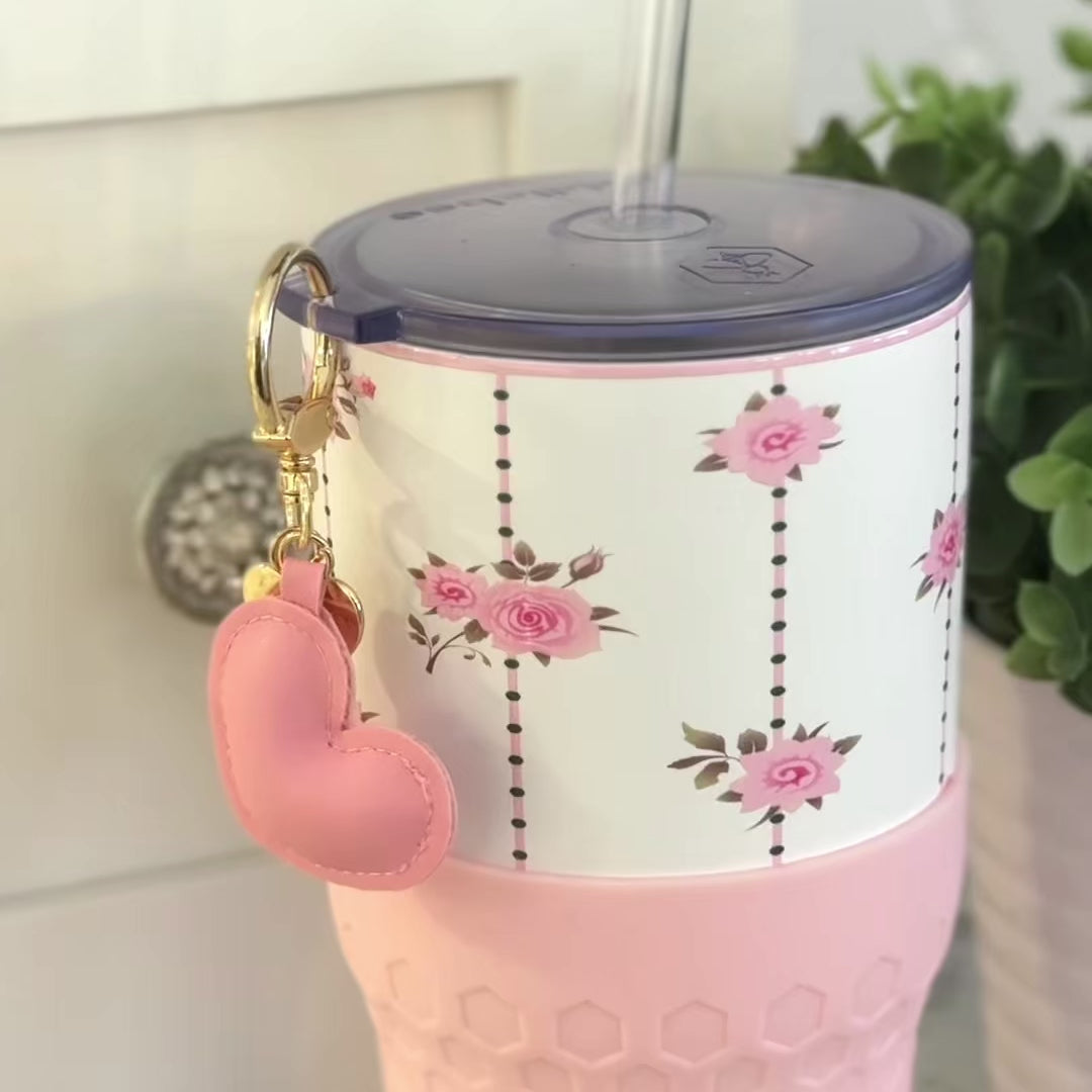 Biddlebee 30oz pink roses charm tumbler with easy sip straw lid, removable heart charm, and protective silicone boot