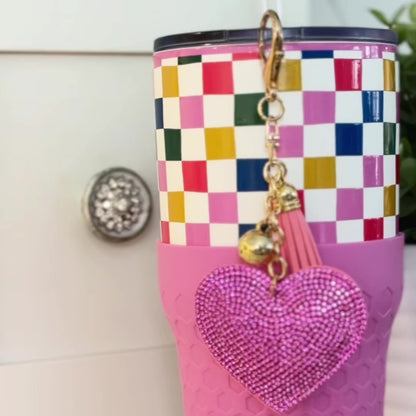 Biddlebee 30oz Happy Check Charm tumbler with easy sip straw, shimmer heart charm and silicone boot