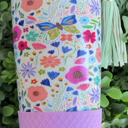 Biddlebee 20oz garden blooms straw tumbler with easy sip straw and silicone boot includes seafoam green tumbler charm